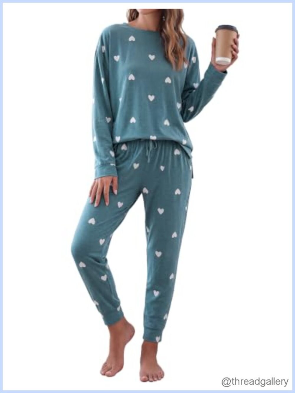 Women's Heart Print Pajama Set Round Neck Side Slit Drawstring Jogger Lounge